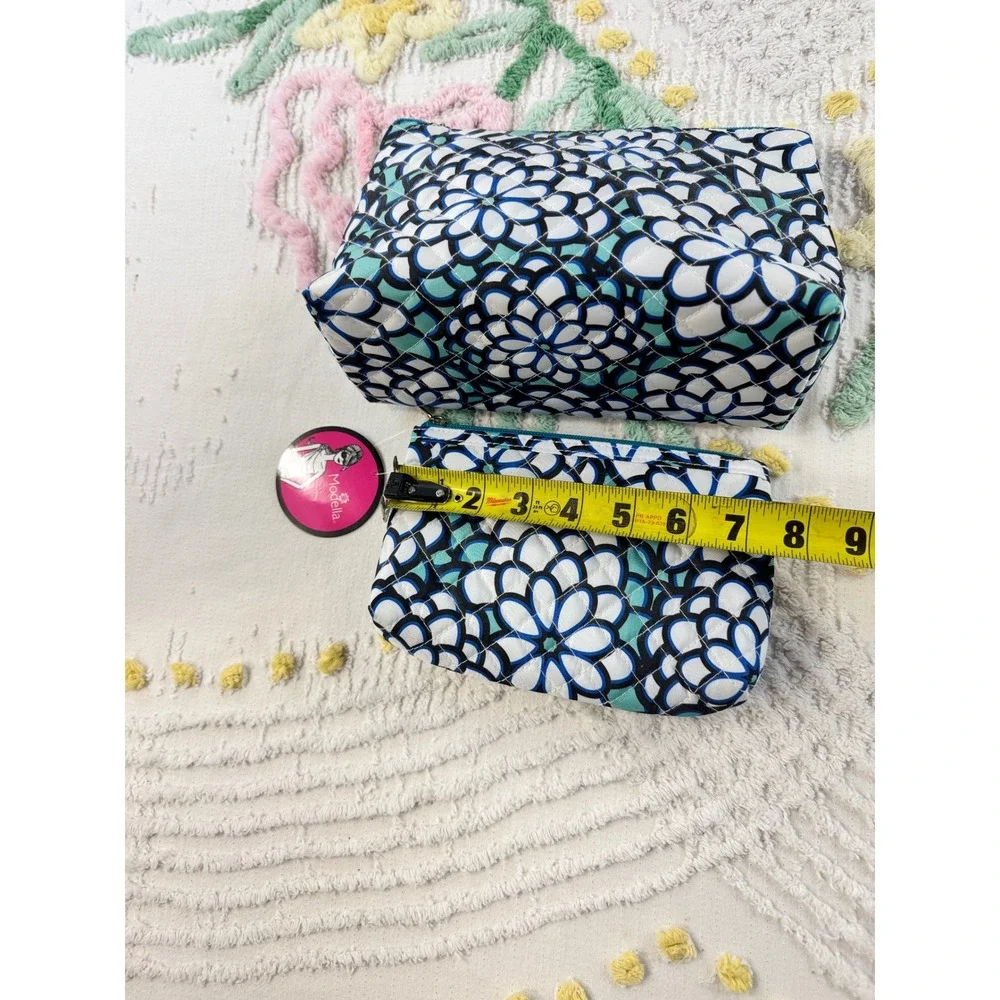 Modella 2 Piece Cosmetic Bag Set Blue Floral Quilted Makeup Pouch Purse Kit NWT